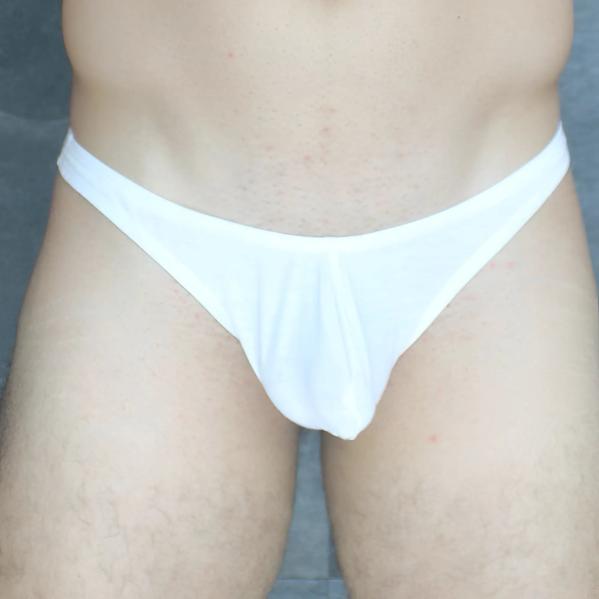 White cotton mckillop vtmo hoist thong modal briefs with narrow waistband and gathered front panel