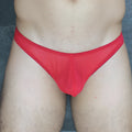 Red sheer mesh thong with solid red waistband from mckillop vtus hoist thong ultra mesh collection