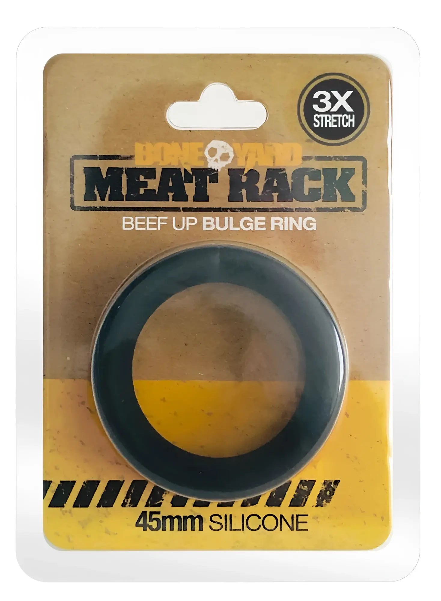 Black 45mm silicone meat rack black ring with bold circular design and 3x stretch branding on packaging