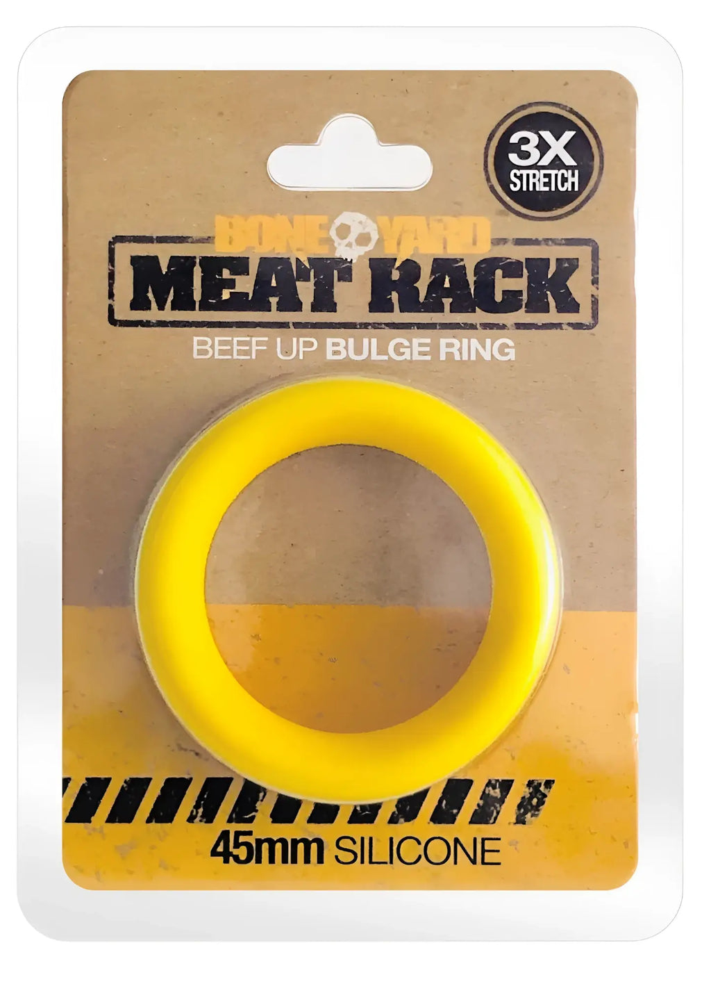Bright yellow 45mm silicone ring with bold meat rack branding and skull logo on packaging in meat rack yellow product