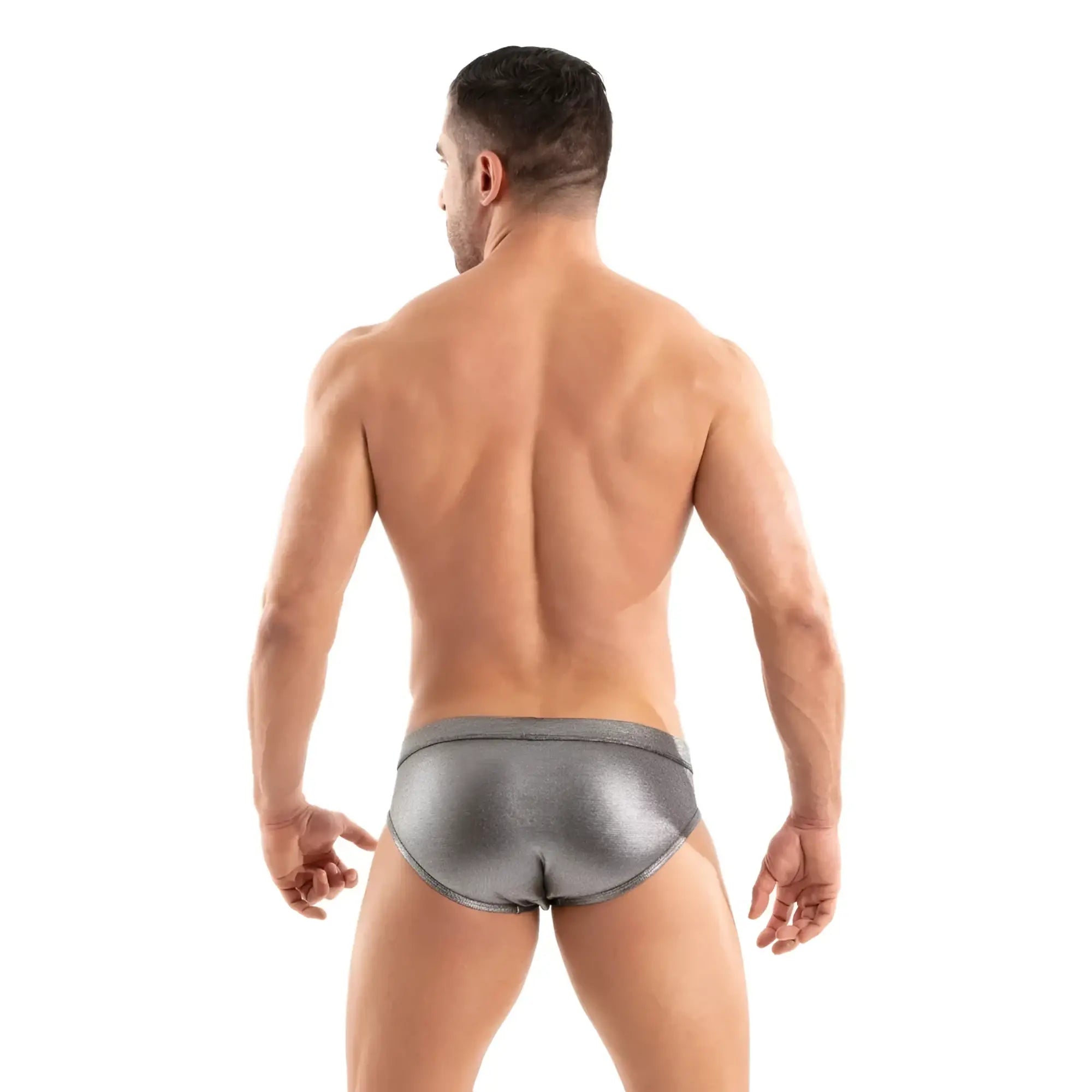 Shiny metallic silver swim brief with sleek form-fitting design made from reflective material for swimming