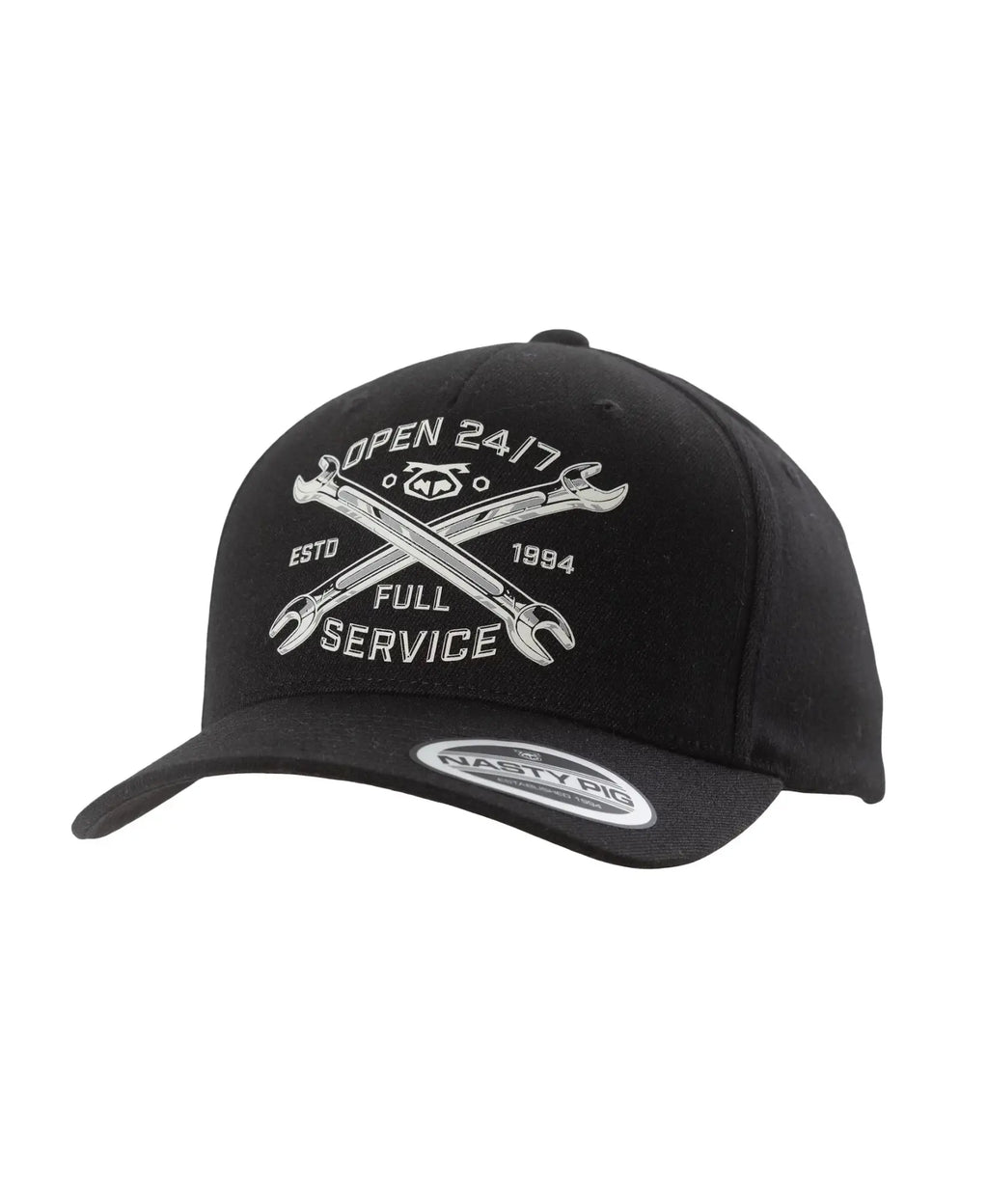 Black nasty pig baseball cap with white embroidered crossed wrenches logo and open 24/7 estd full service 1984 text