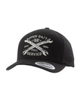 Black nasty pig baseball cap with white embroidered crossed wrenches logo and open 24/7 estd full service 1984 text