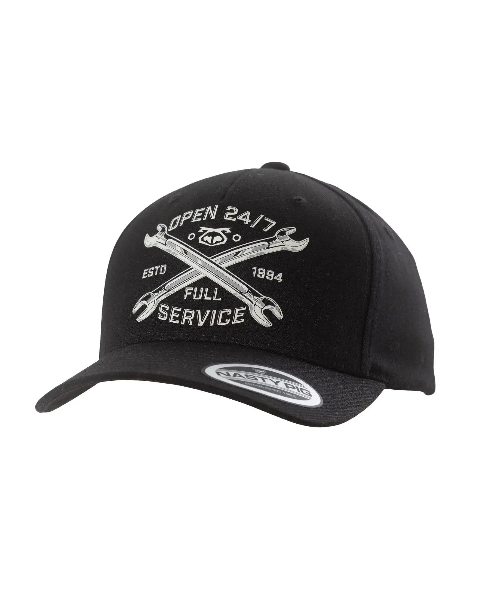 Black nasty pig baseball cap with white embroidered crossed wrenches logo and open 24/7 estd full service 1984 text