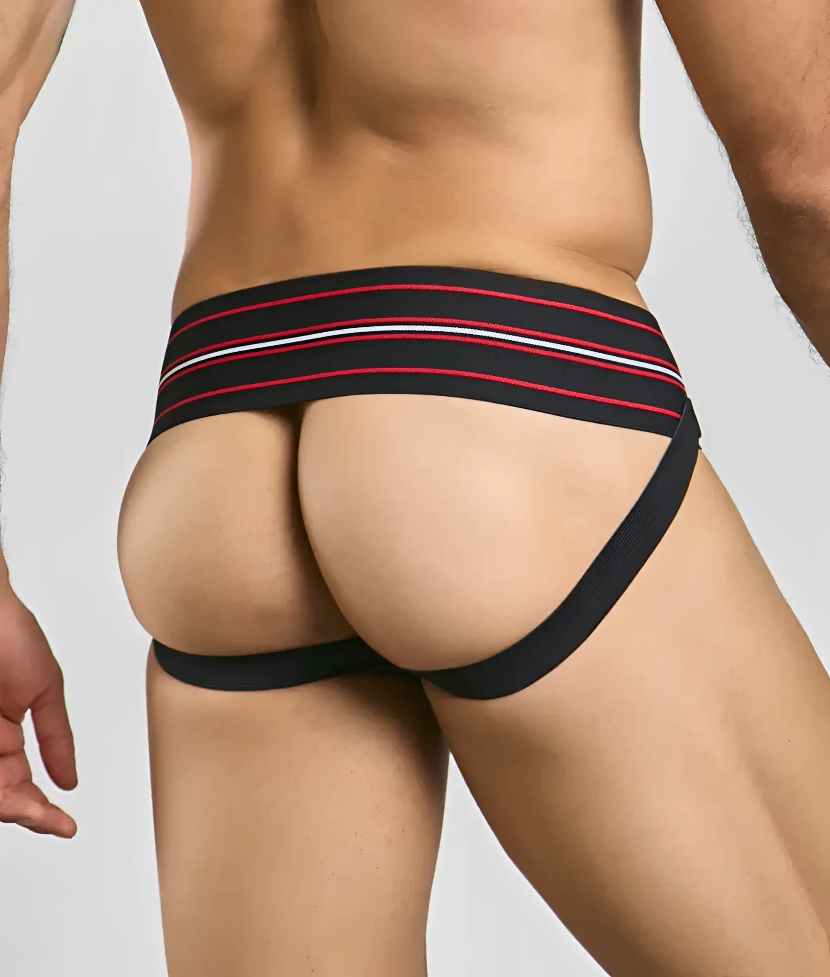 Men 3 inch wide classic jockstrap black athletic briefs with red and white striped waistband front view
