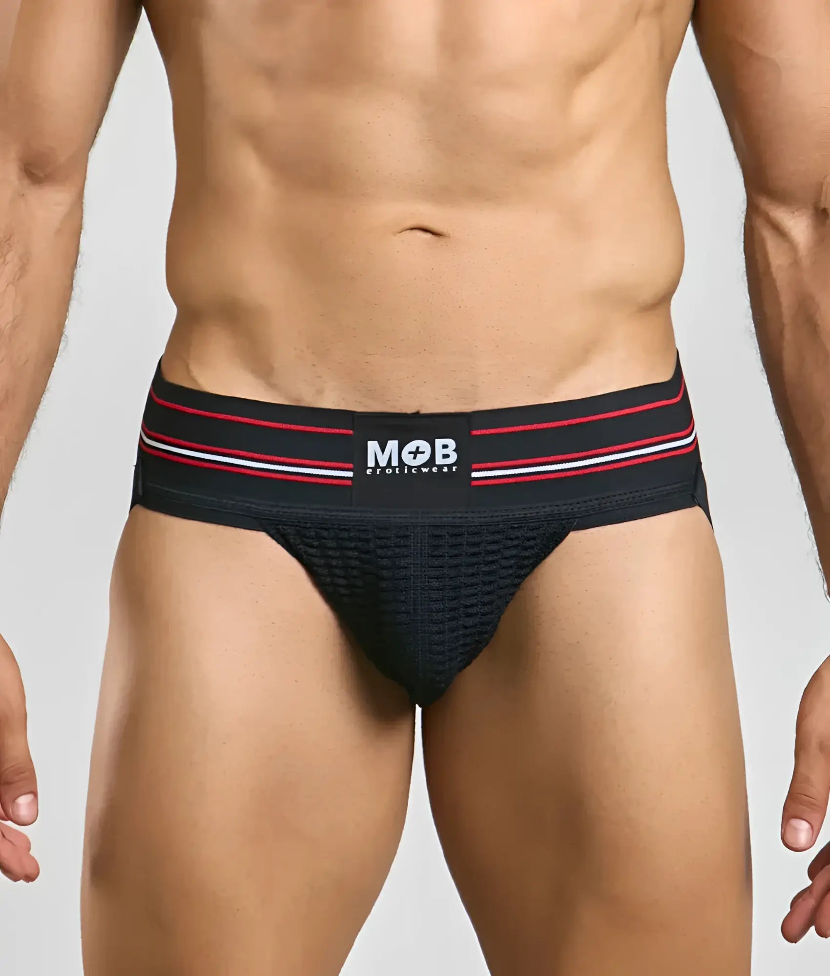 Black athletic briefs with red and white striped waistband featuring the mob eroticwear logo for men 3 inch classic jockstrap