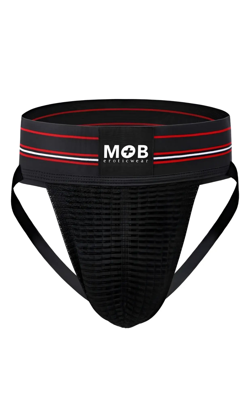 Black mesh athletic brief with red and white striped waistband featuring mob eroticwear logo for men classic jockstrap