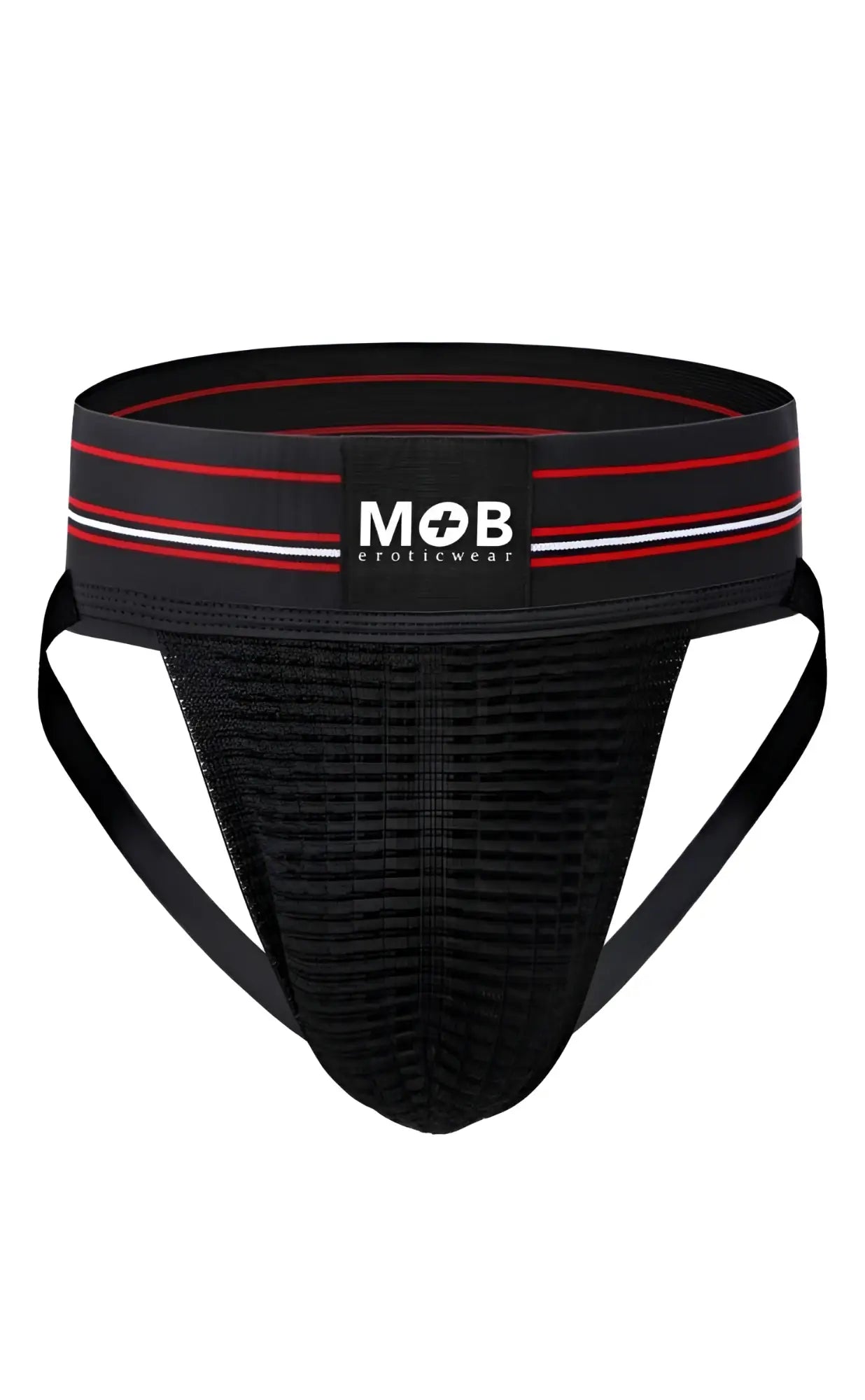 Black mesh athletic brief with red and white striped waistband featuring mob eroticwear logo for men classic jockstrap