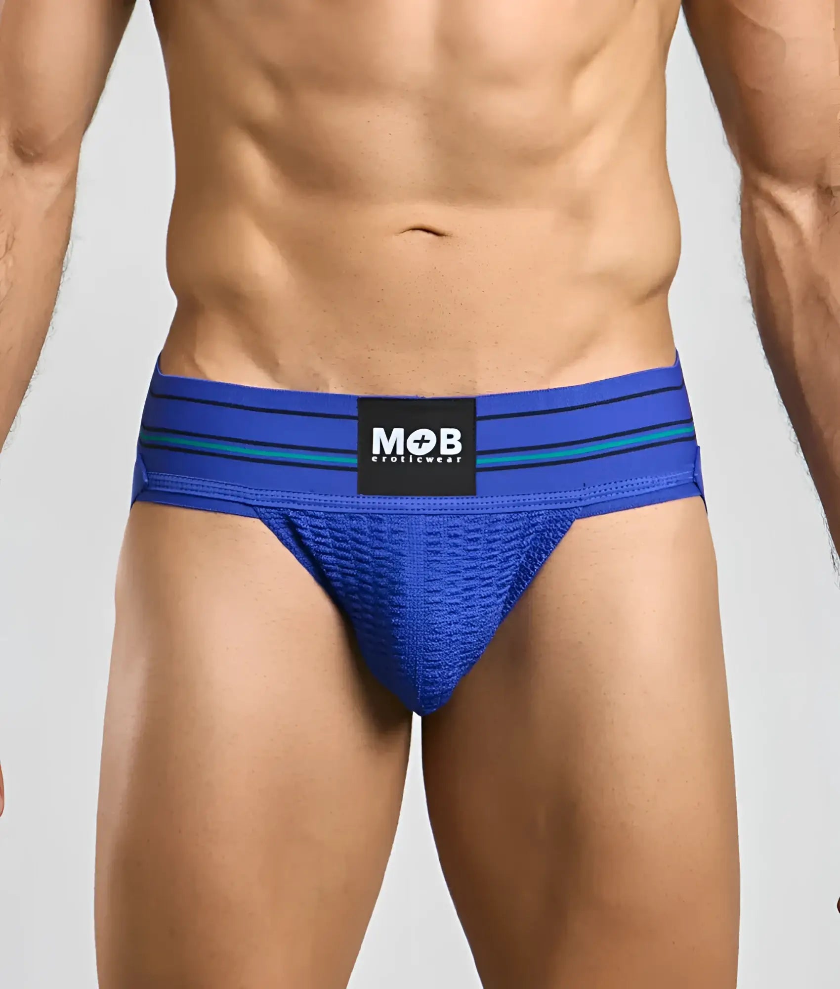 Blue athletic briefs with black mob eroticwear waistband and teal stripes in men 3 inch wide classic jockstrap product