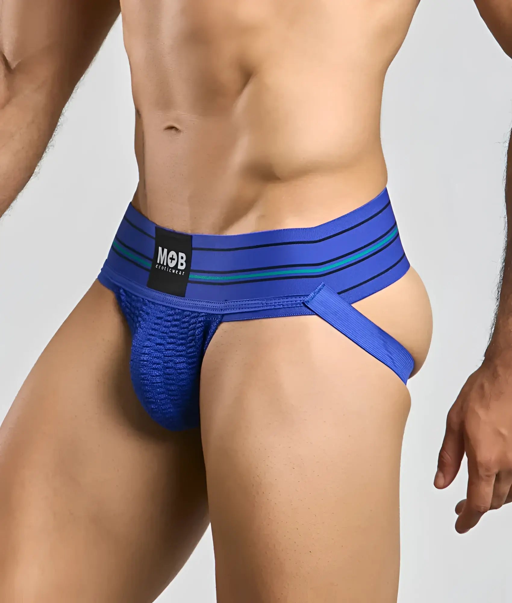 Men 3 inch wide classic jockstrap blue mesh briefs with striped waistband and mob brand label visible