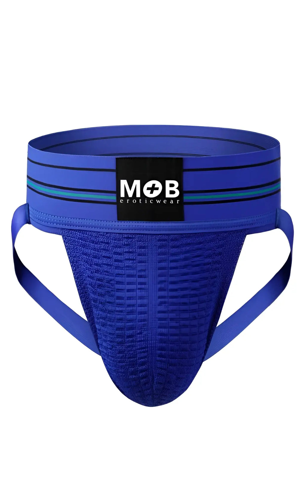 Men 3 inch wide classic jockstrap blue textured athletic brief with black mob eroticwear label and teal waistband stripes