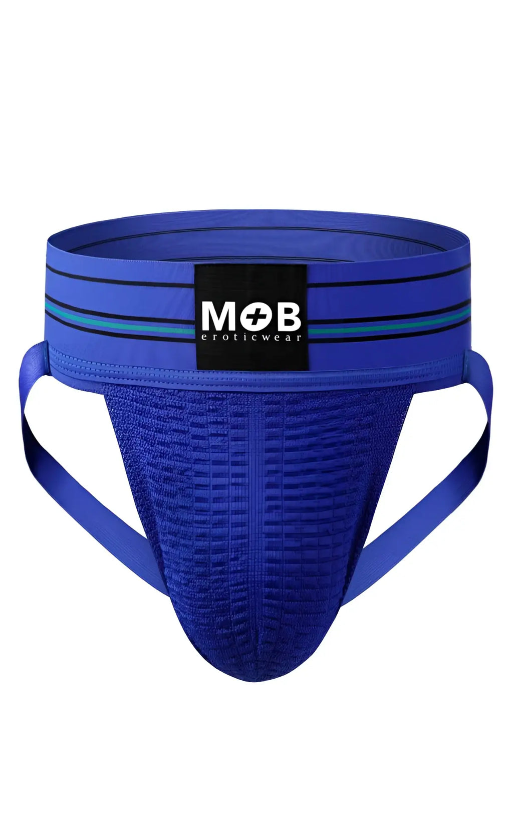 Men 3 inch wide classic jockstrap in blue textured fabric with black and teal striped waistband and mob eroticwear label
