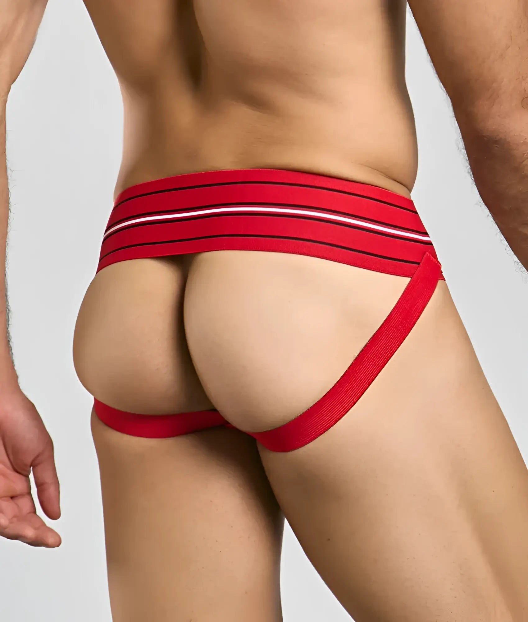 Men 3 inch wide classic jockstrap in red athletic briefs with black and white striped waistband front view