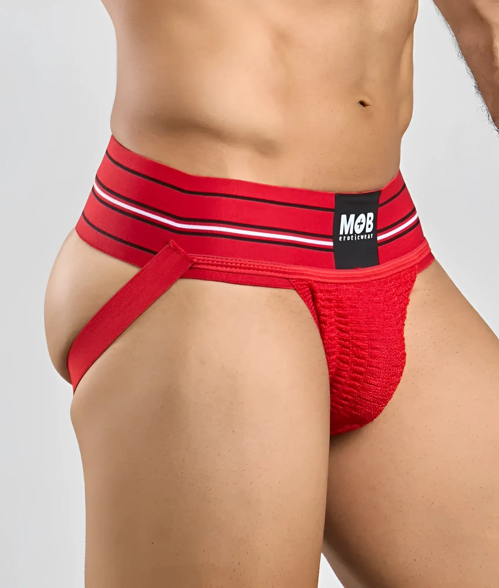 Men 3 inch wide classic jockstrap in red with black and white striped waistband and mob brand label