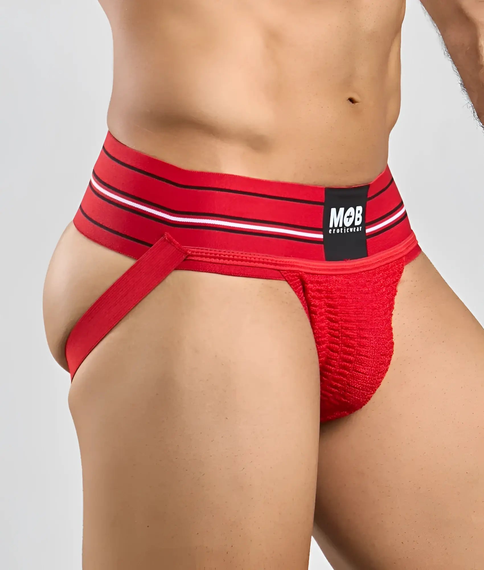 Men 3 inch wide classic jockstrap in red with black and white striped waistband and mob brand label