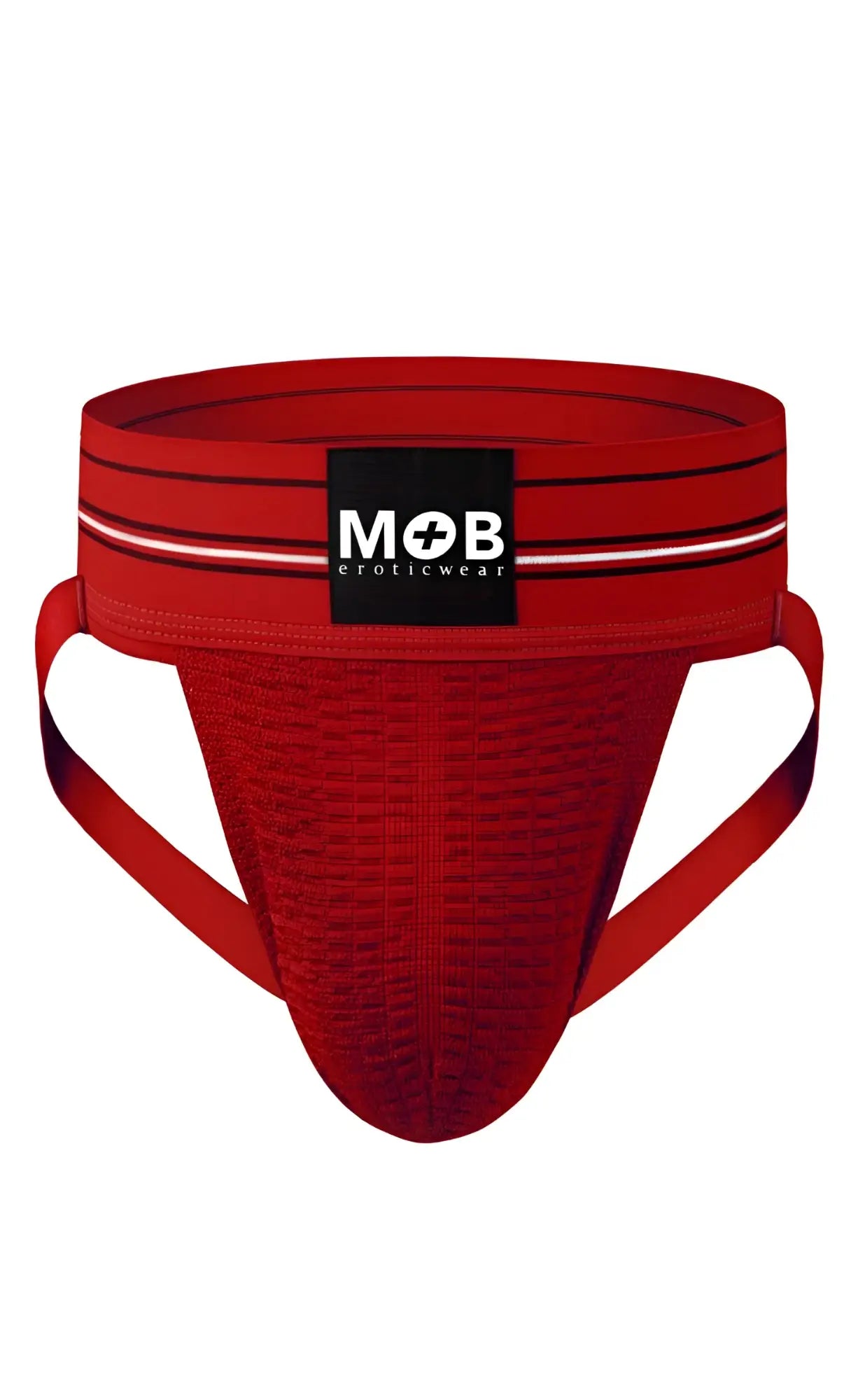 Men 3 inch wide classic jockstrap with red textured fabric and black waistband featuring mob eroticwear logo