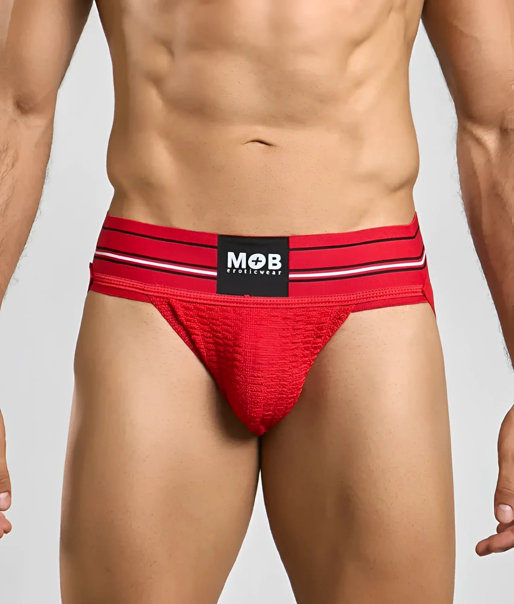 Men 3 inch wide classic jockstrap with red textured briefs and black and white striped waistband mob eroticwear logo