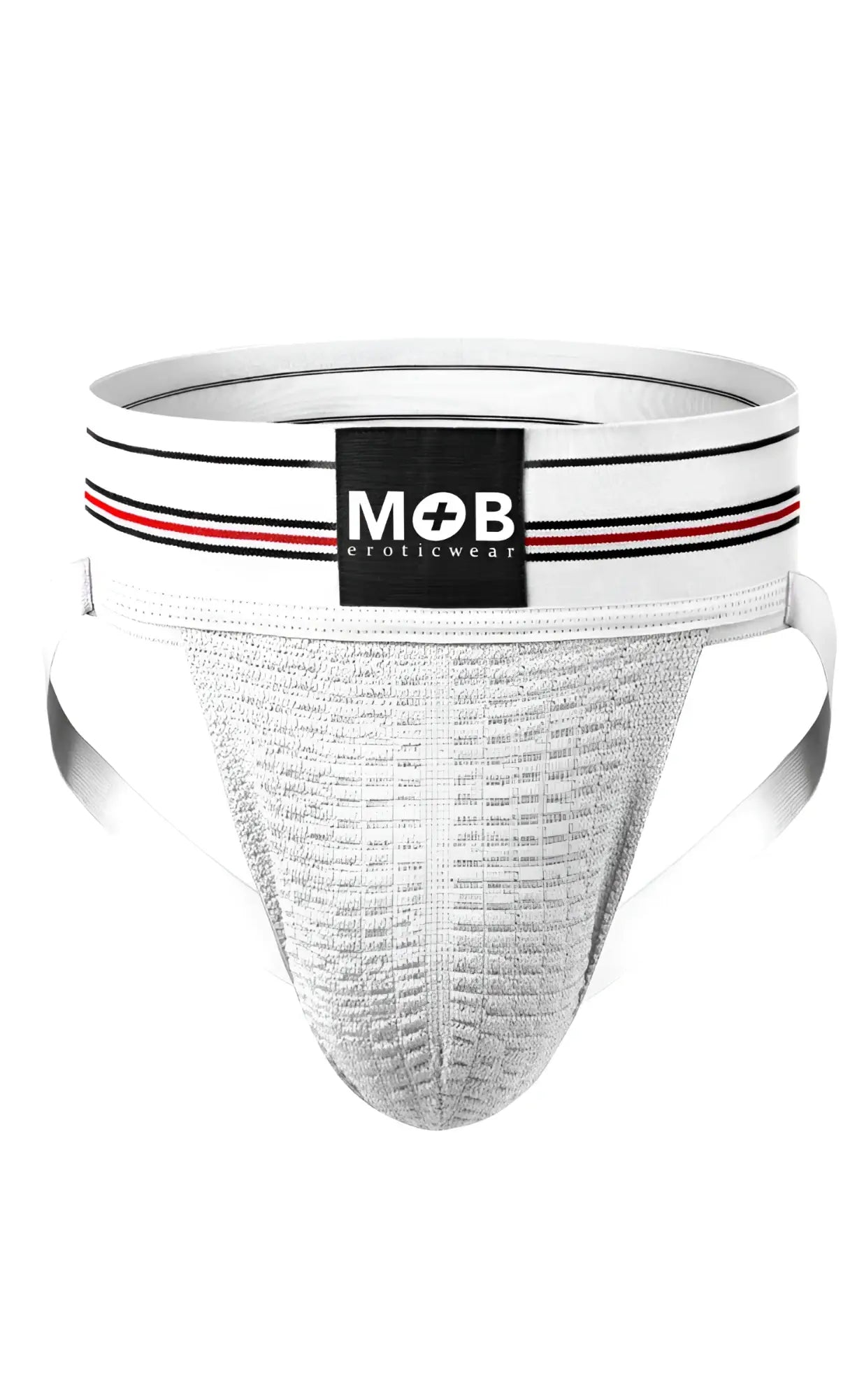 White men 3 inch wide classic jockstrap with black and red striped waistband and mob eroticwear logo patch
