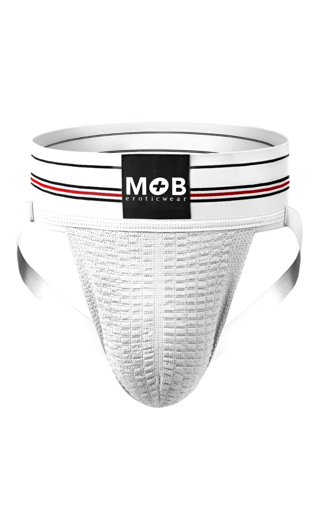 Men 3 inch wide classic jockstrap white athletic brief with black and red striped waistband and mob eroticwear logo patch