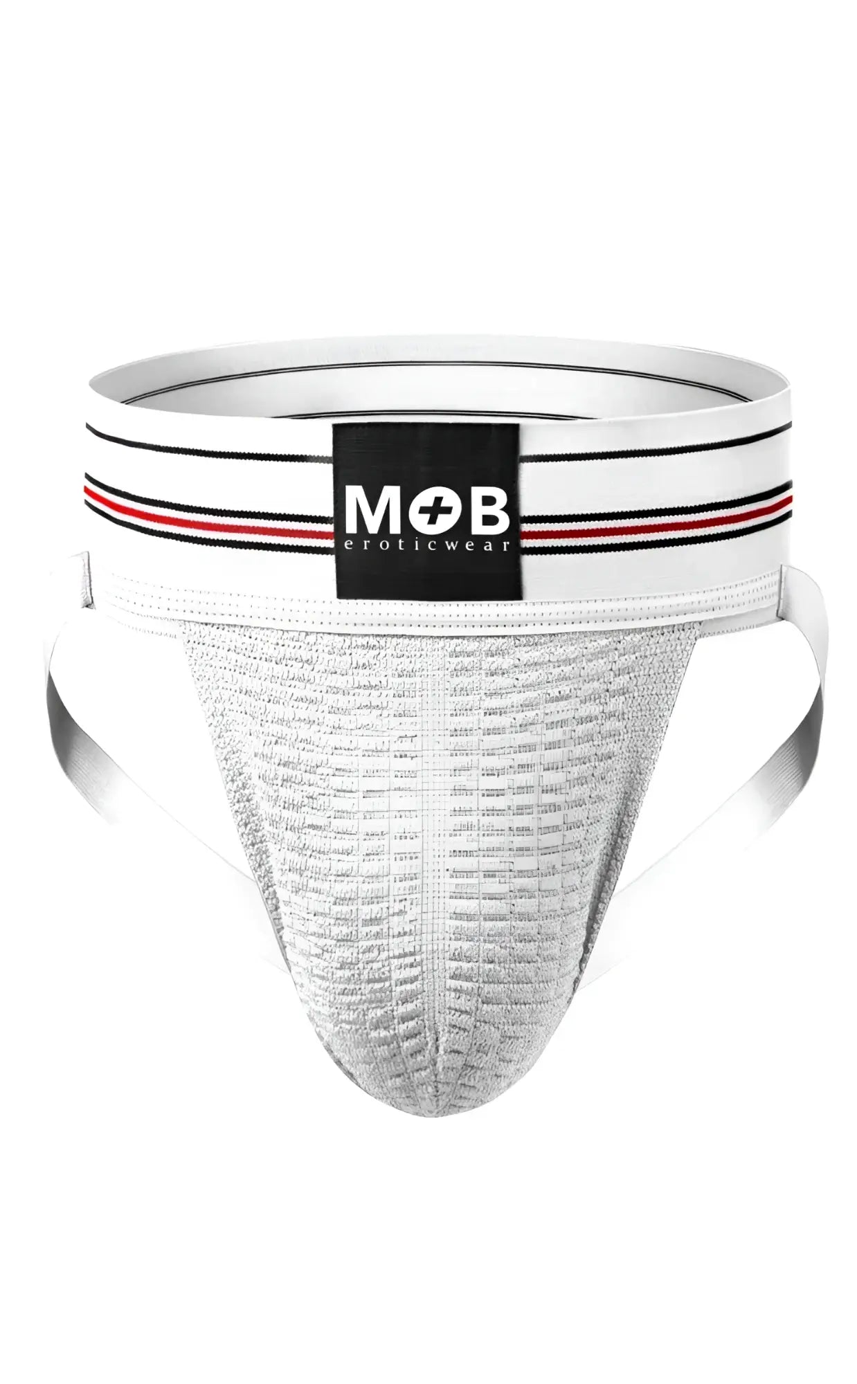 Men 3 inch wide classic jockstrap white athletic brief with black and red striped waistband and mob eroticwear logo patch
