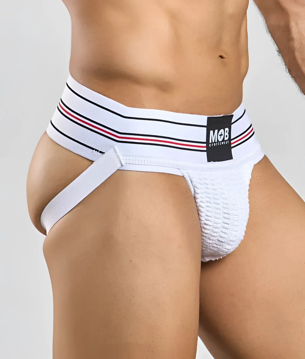 White textured athletic briefs with a black and red striped waistband branded mob in men 3 inch wide classic jockstrap