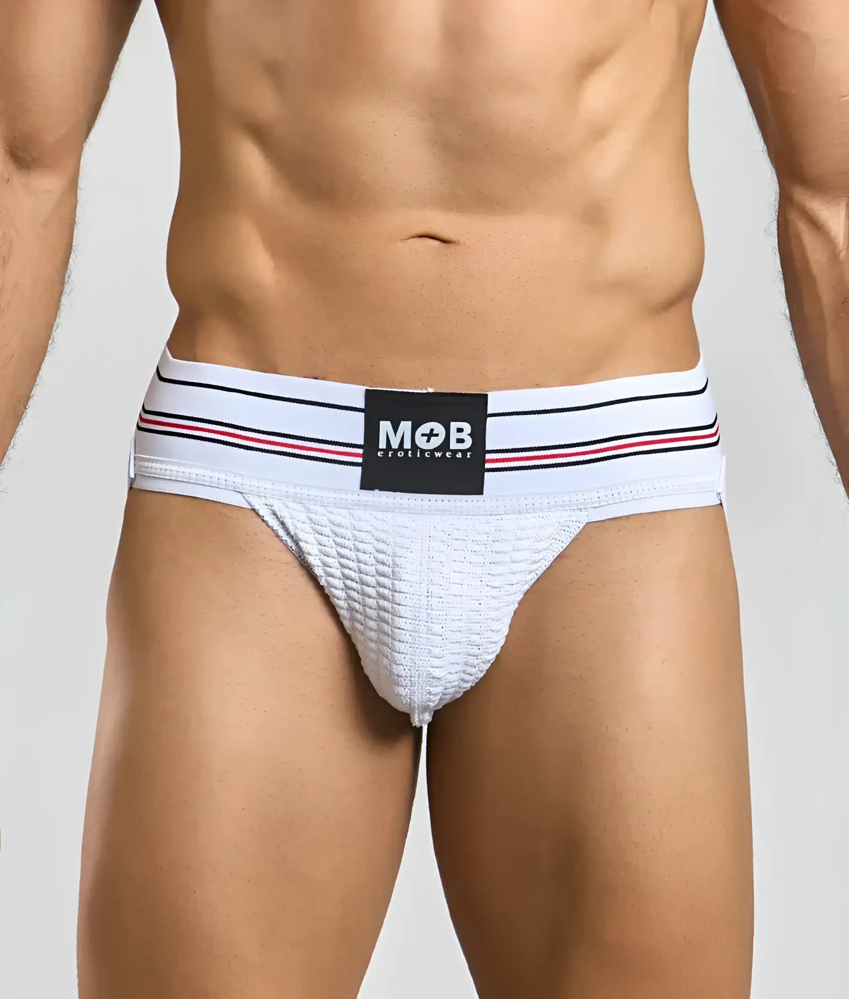 Men 3 inch wide classic jockstrap white textured briefs with striped black red white waistband and mob eroticwear logo patch
