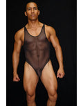 Black tulle mesh bodysuit thong by Arroyman featuring a sheer design and form-fitting cut worn by a male model.