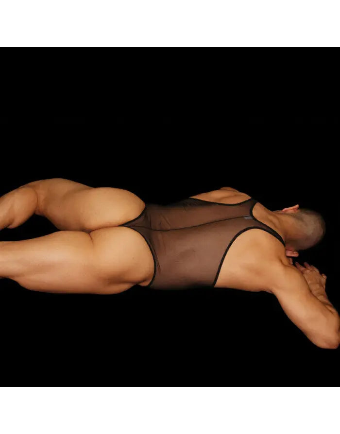 Black tulle mesh bodysuit thong by Arroyman featuring a fitted design and minimal coverage shown on a model from behind.