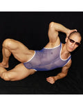 Men's blue sheer bodysuit thong with white trim modeled by a man wearing sunglasses by Arroyman.