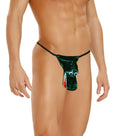 Men’s alligator pouch green velvet crocodile thong with black elastic waistband and red-trimmed teeth detail