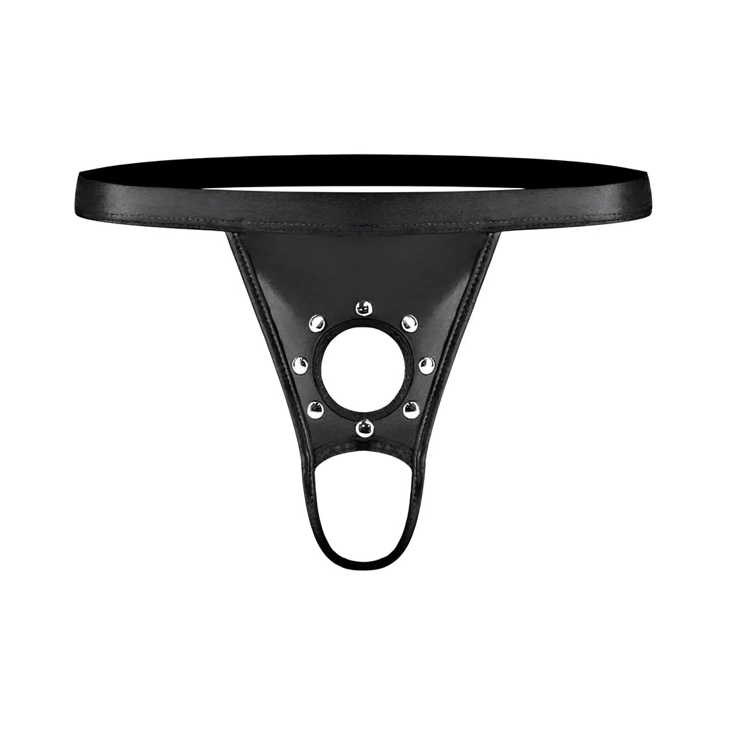 Men’s apollo black fetish gear leather thong with silver studs around the central opening in size l/xl