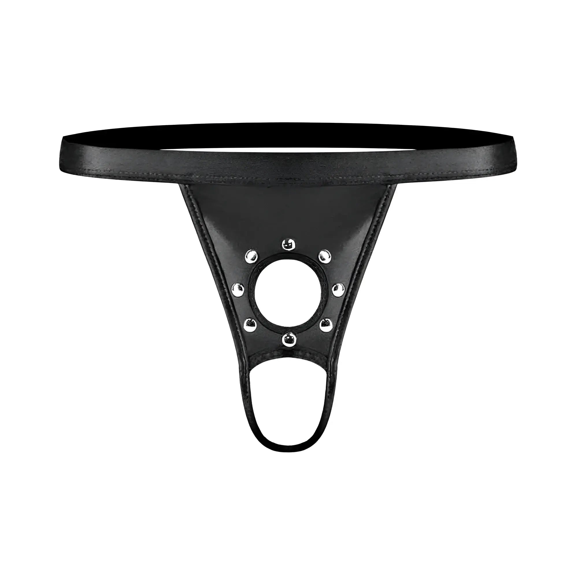 Men’s apollo black fetish gear leather thong with silver studs around the central opening in size l/xl