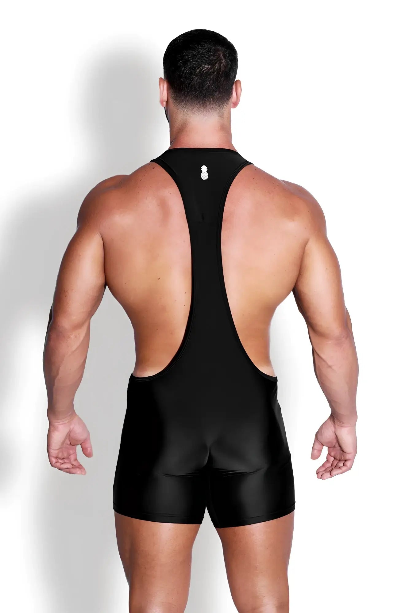 Men’s athletic wrestling singlet bodysuit obsidian with glossy black finish backless design and white logo at neckline