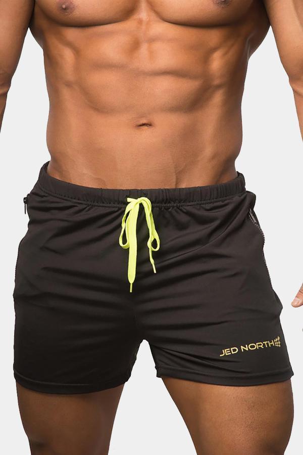 Jed North Agile Bodybuilding-Shorts, 10,2 cm, mit Reißverschlusstaschen, Schwarz