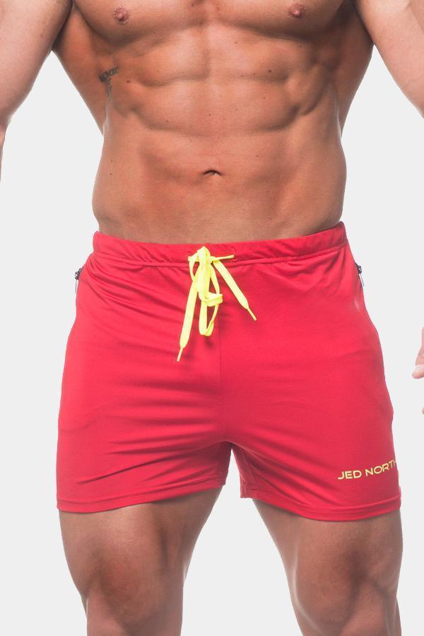 Jed North Agile Bodybuilding-Shorts, 4 Zoll, mit Reißverschlusstaschen, Karminrot