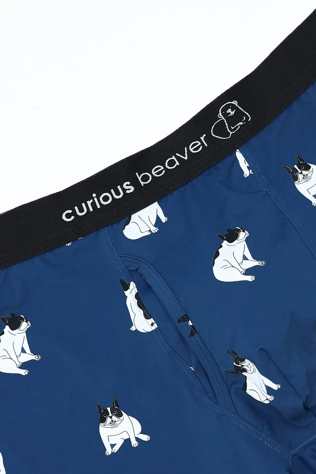 Blue men’s boxer briefs with playful black and white french bulldog pattern and curious beaver branded waistband