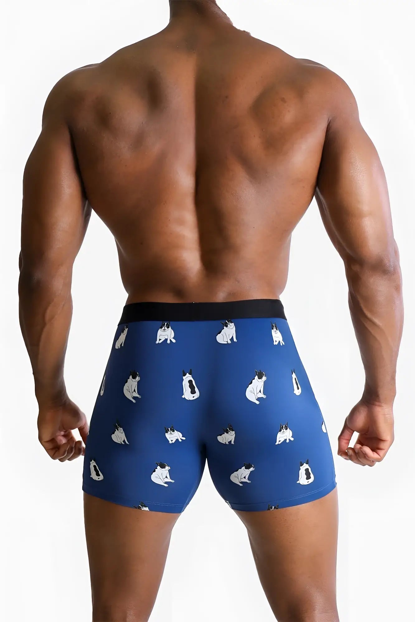 Men’s blue boxer briefs with white pug dog pattern and black waistband featuring soft breathable fabric for comfort