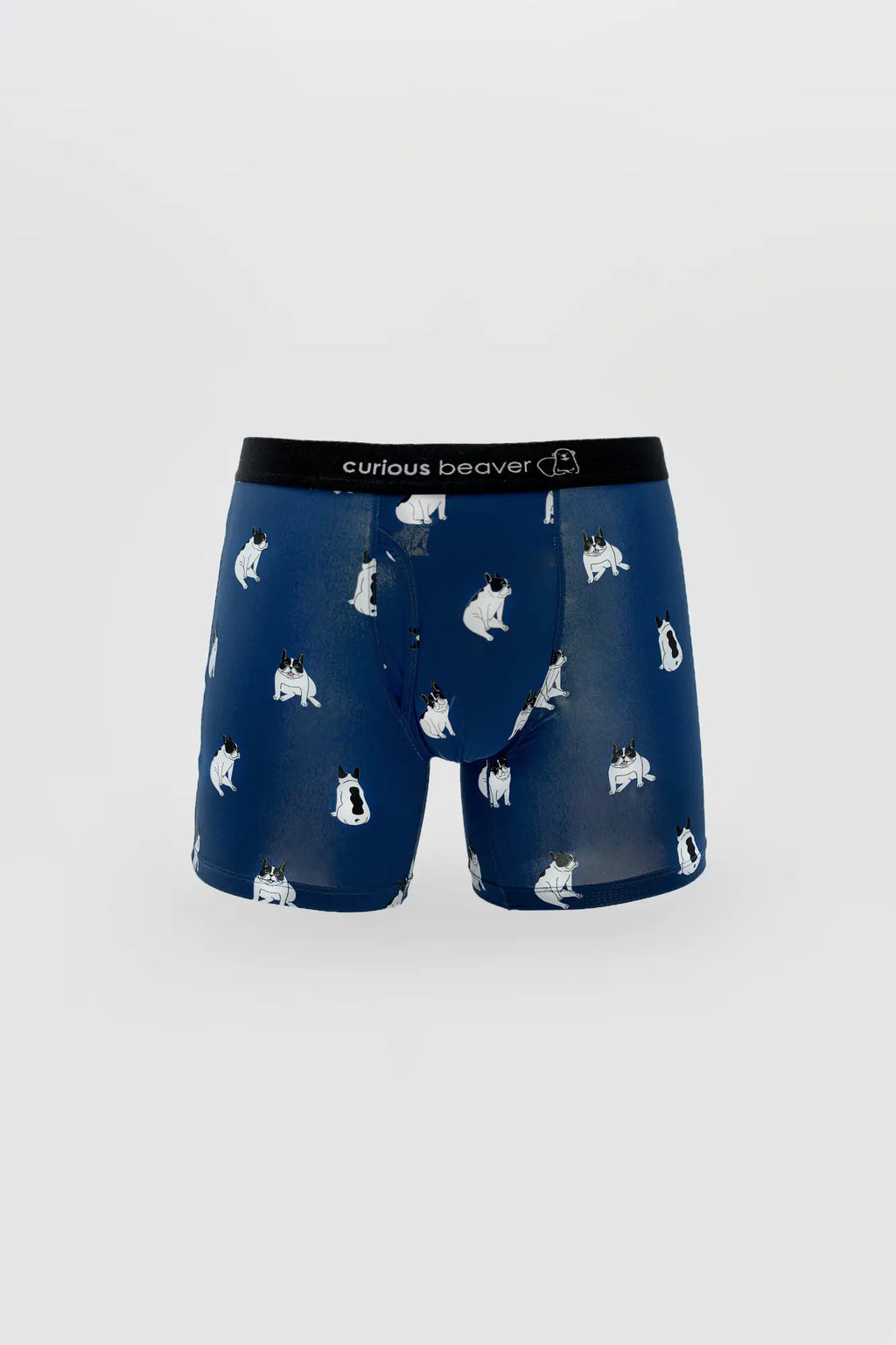 Men’s navy blue boxer briefs with playful white and black pug pattern and curious beaver branded waistband