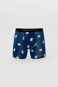 Men’s navy blue boxer briefs with playful white and black pug pattern and curious beaver branded waistband