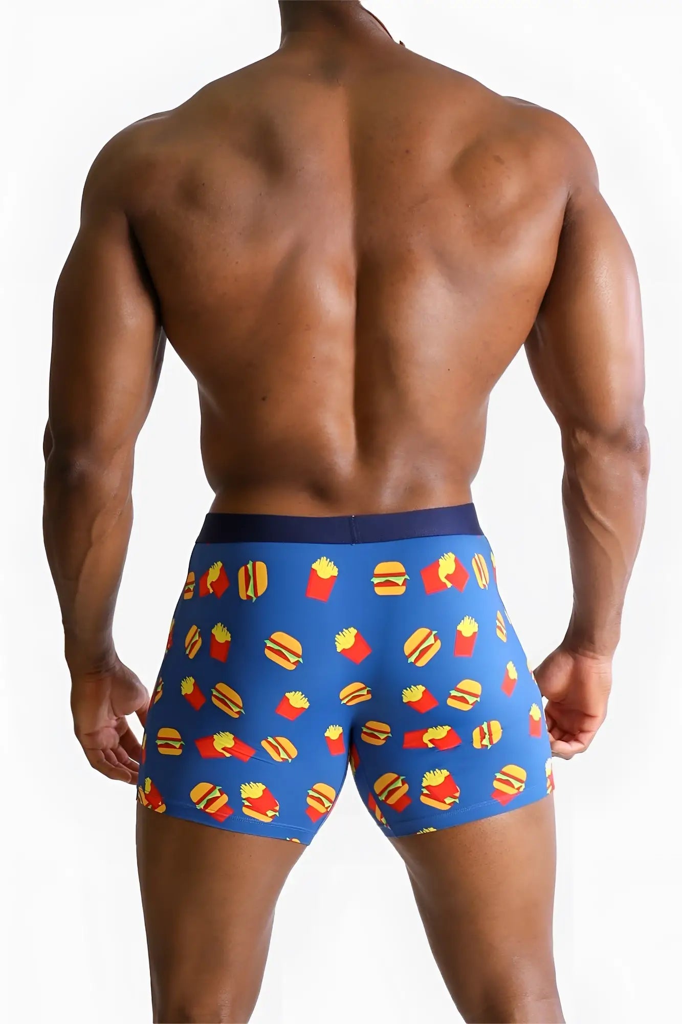 Men’s blue boxer briefs with a playful yellow and red burger and fries pattern and a solid navy waistband