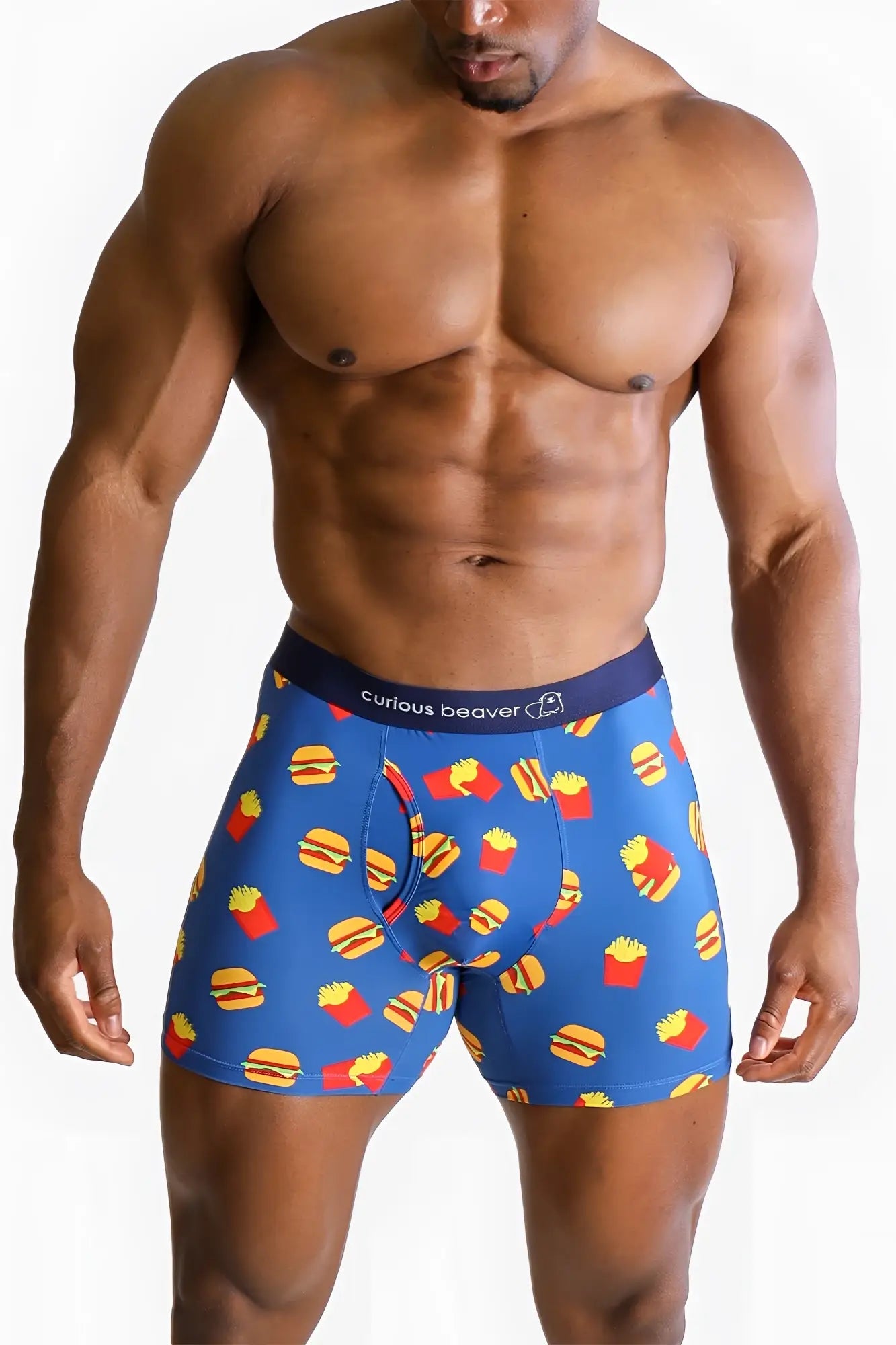Men’s blue boxer briefs with yellow hamburger and red french fries pattern featuring curious beaver logo waistband