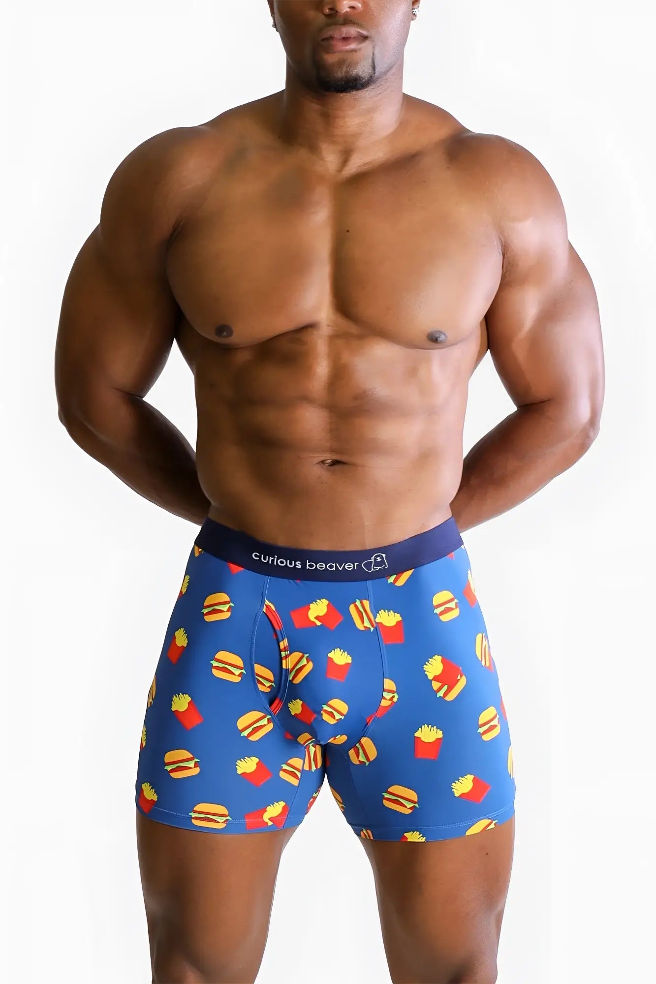 Men’s blue boxer briefs with yellow hamburger and red french fries pattern and curious beaver waistband