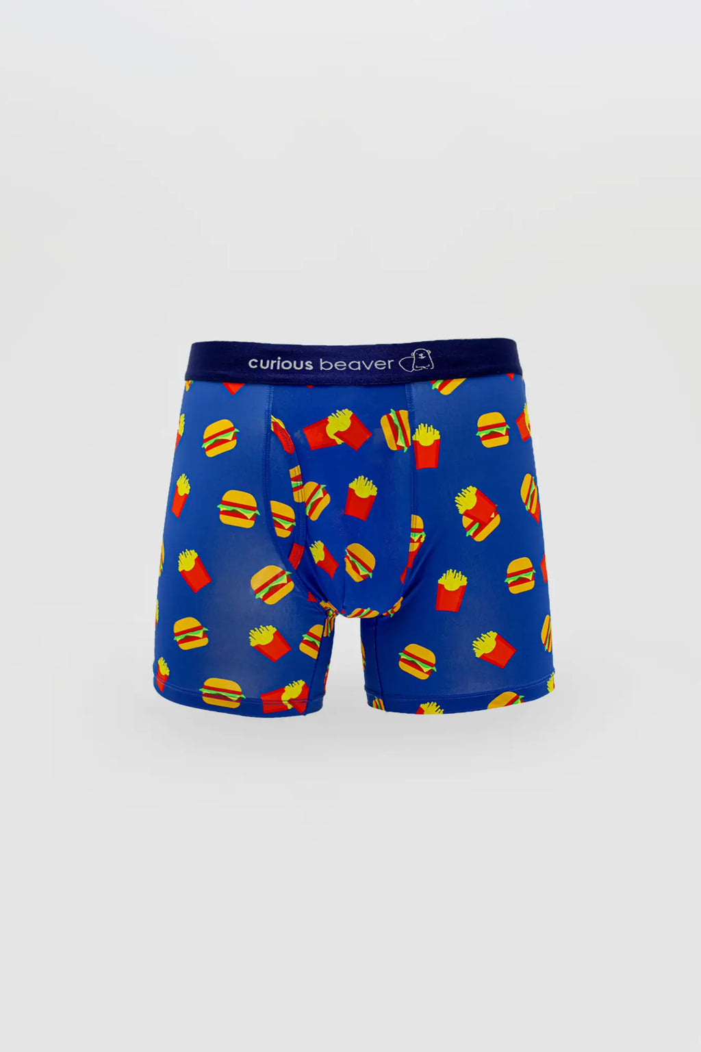 Mens blue boxer briefs with yellow burger and red fries pattern on vibrant fabric featuring curious beaver logo waistband