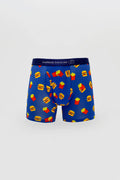 Mens blue boxer briefs with yellow burger and red fries pattern on vibrant fabric featuring curious beaver logo waistband