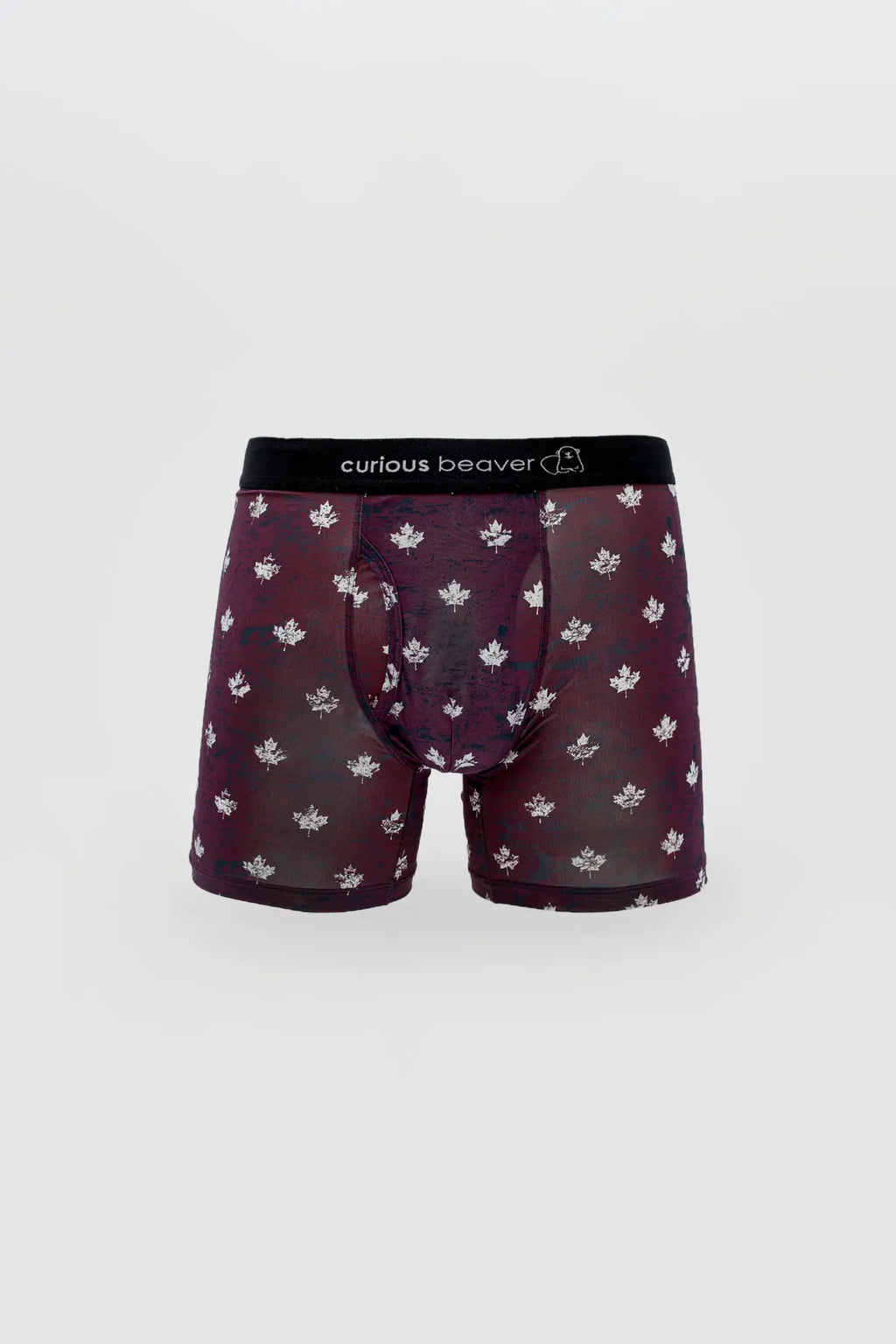 Men’s maroon boxer briefs with white maple leaf pattern and black waistband branded curious beaver canada flag design