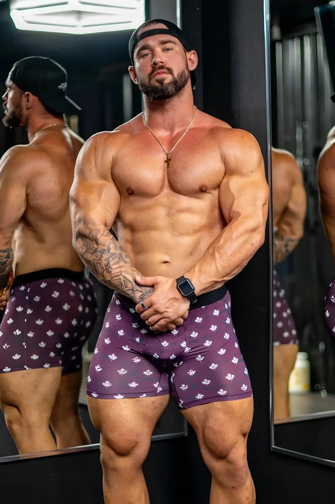 Men’s boxer briefs featuring a purple color with a white floral pattern designed for comfortable everyday wear