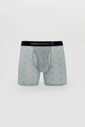 Men’s gray boxer briefs with playful yellow and light blue cartoon donuts and a black curious beaver waistband