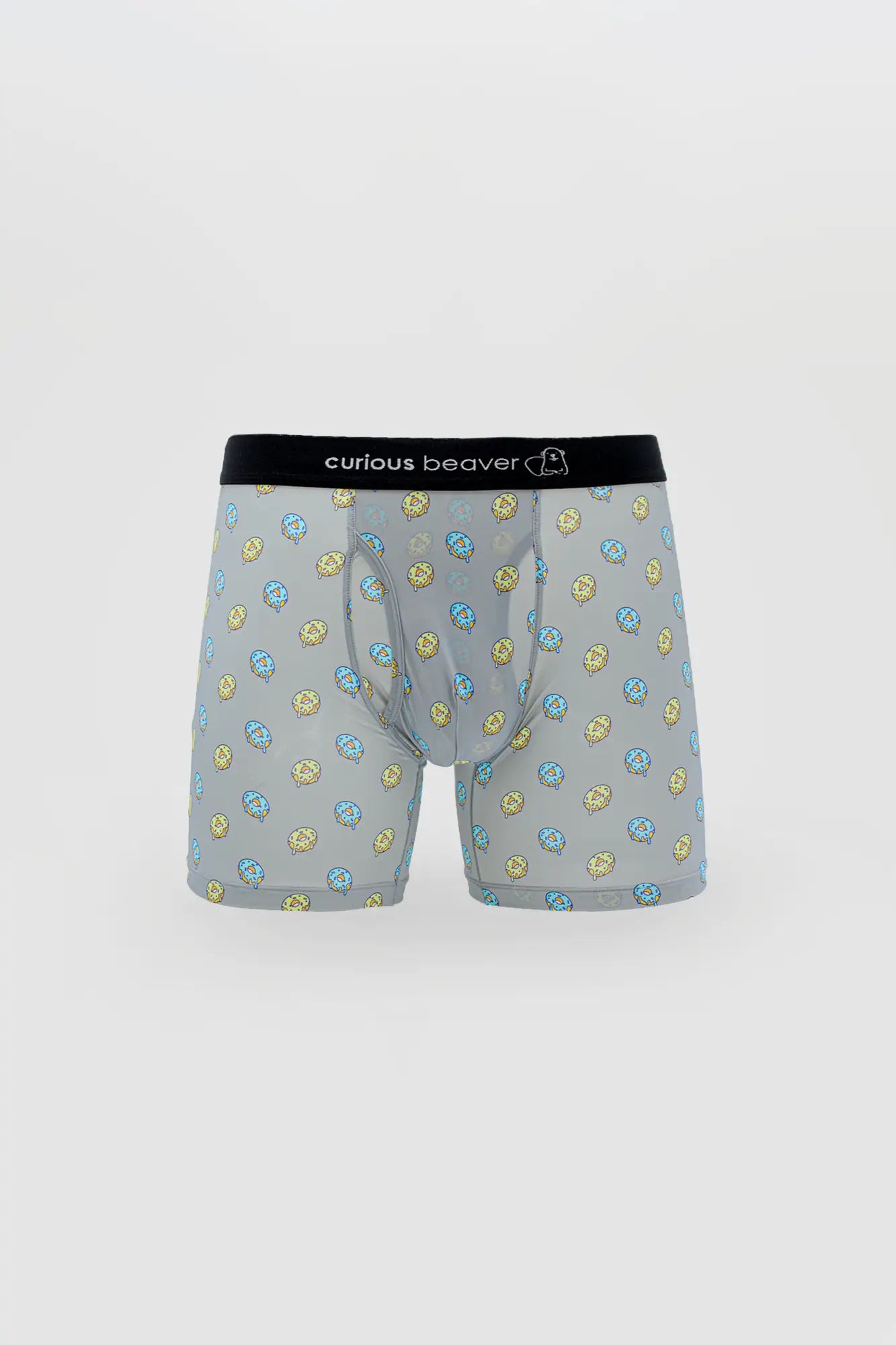 Men’s gray boxer briefs with playful yellow and light blue cartoon donuts and a black curious beaver waistband