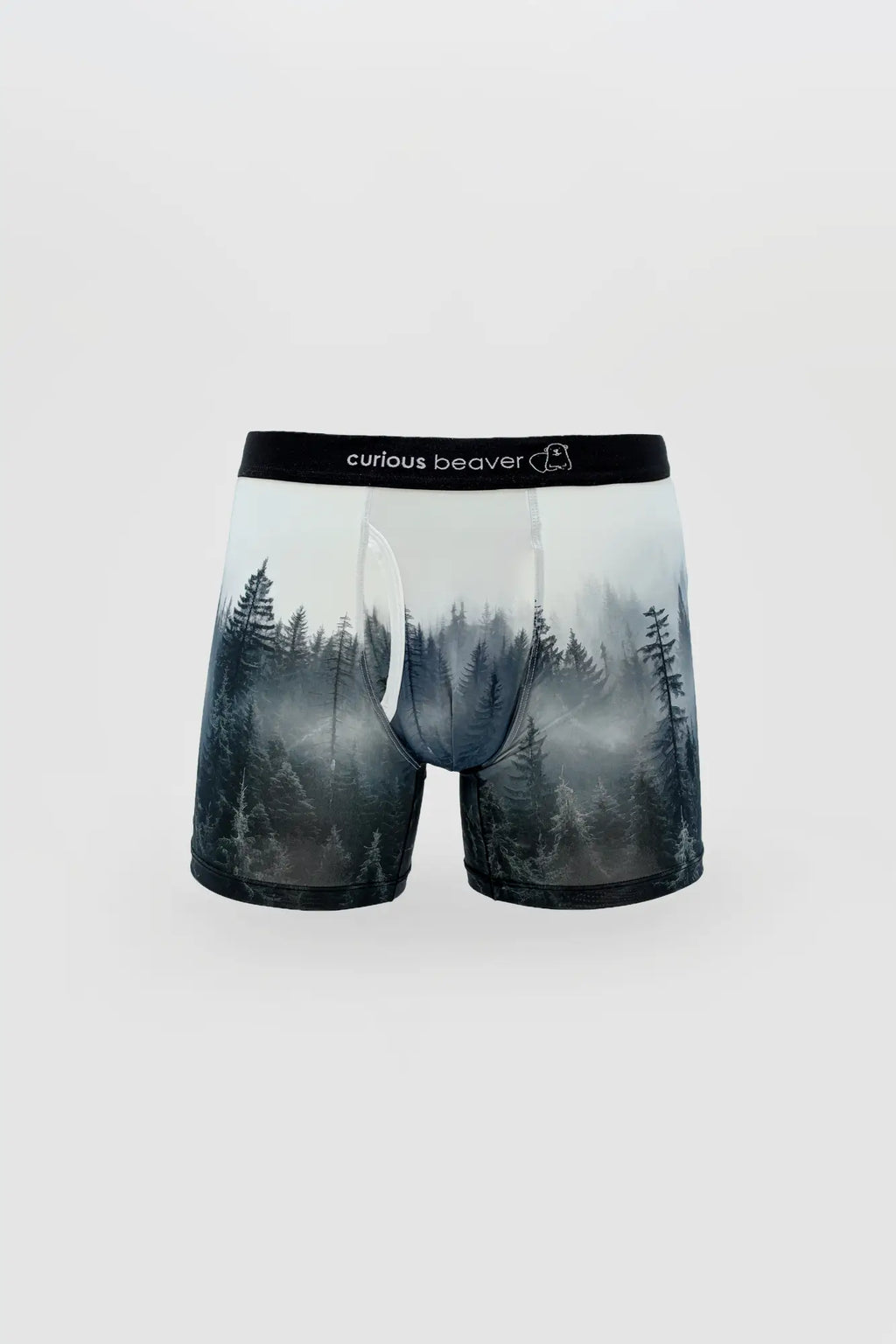 Misty forest-themed men’s boxer briefs in soft translucent fabric with black elastic waistband featuring curious beaver logo
