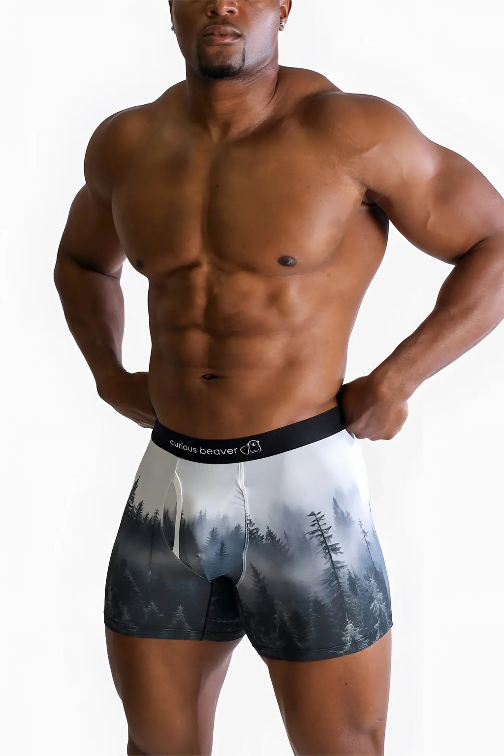Men’s white boxer briefs with misty forest design in gray and black featuring black curious beaver waistband